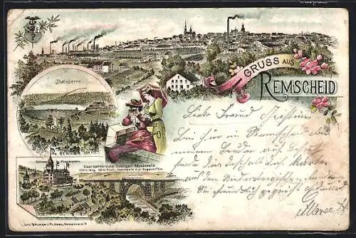 Lithographie Remscheid, Schloss Küppelstein, Talsperre, Eisenbahnbrücke, Ortsansicht