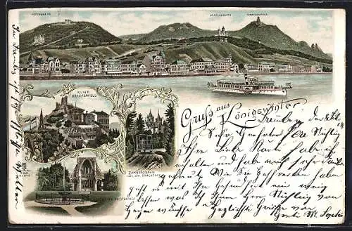 Lithographie Königswinter, Zahnradbahn, Dampfer, Ruine Drachenfels, Ruine Heisterbach