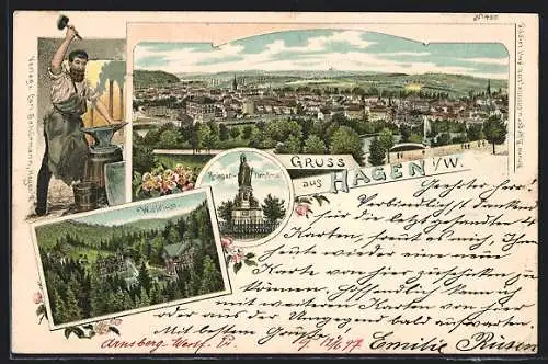 Lithographie Hagen / Westfalen, Krieger-Denkmal, Waldlust, Panorama