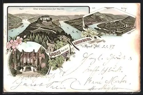 Lithographie Marienburg a. d. Mosel, Hotel & Restaurant Carl Boemer und Merl, Inners der Ruine, Alf und Bullay