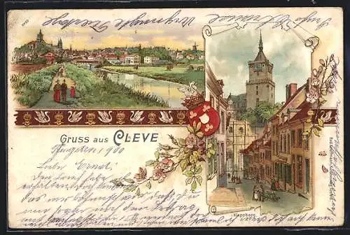 Lithographie Cleve, Kloppberg mit Flusspartie