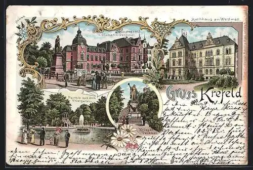 Lithographie Krefeld, Bismarck-Denkmal, Rathaus am Westwall und Landratsamt