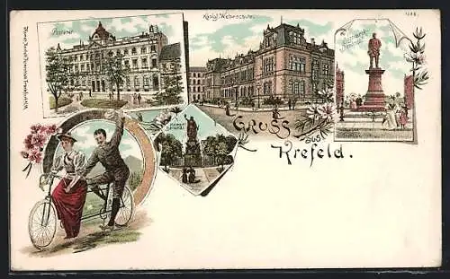 Lithographie Krefeld, Postamt, Königl. Webeschule, Kriegsdenkmal, Paar auf Tandem