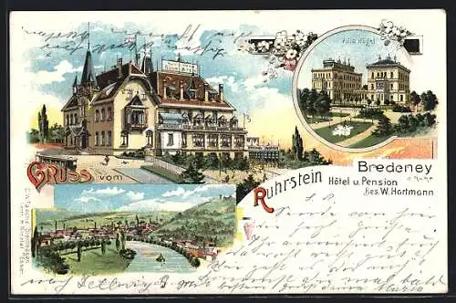 Lithographie Bredeney, Hotel & Pension Ruhrstein, Villa Hügel