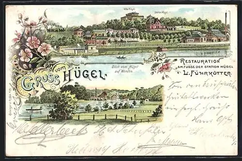 Lithographie Werden, Gasthaus Restauration L. Führkötter, Ortspartie mit Villa Hügel und Station Hügel, Teilansicht