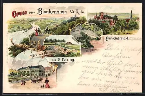 Lithographie Blankenstein / Ruhr, Hotel & Restaurant von H. Petring, Königs-Platz, Ortsansicht