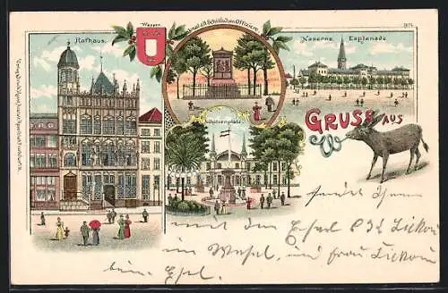 Lithographie Wesel / Rhein, Kaserne, Esplanade, Esel, Schützenplatz, Wappen
