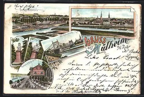 Lithographie Mülheim a. d. Ruhr, Restaurant Kahlenberg, Ruhr-Schleuse, Kettenbrücke