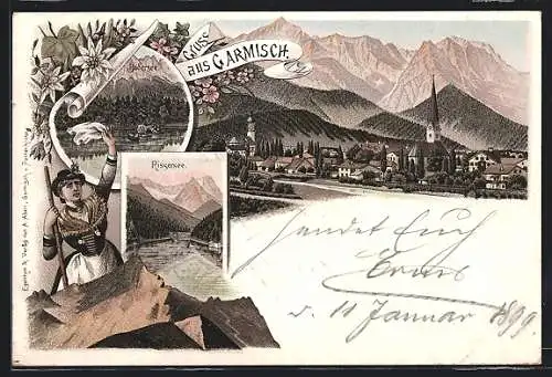 Lithographie Garmisch, Ortspartie mit Kirche, Blick auf Badersee und Rissersee, Frau in Tracht