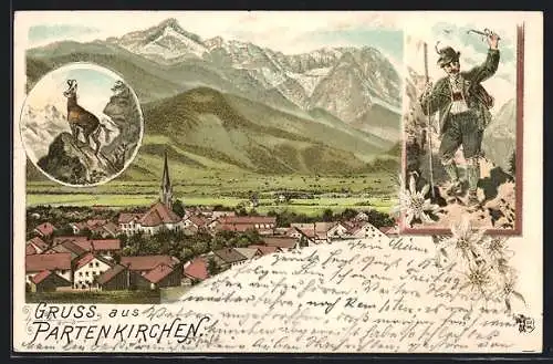 Lithographie Partenkirchen, Ortsansicht mit Bergpanorama, Mann in Tracht
