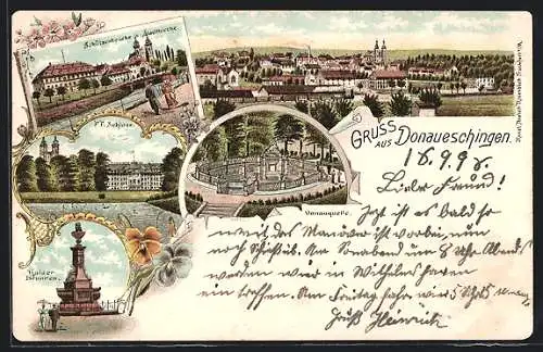 Lithographie Donaueschingen, Schützenbrücke & Stadtkirche, Kaiser-Brunnen, Donauquelle, Totalansicht