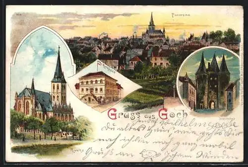 Lithographie Goch, Rathaus, Kirche, Steintor
