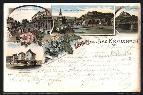 Lithographie Bad Kreuznach, Kurhaus, Brückenhäuser, Ortsansicht und die Nahe, Ebernburg