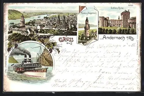 Lithographie Andernach, Schloss-Ruine, Thurm, Dampferpartie, Ortsansicht
