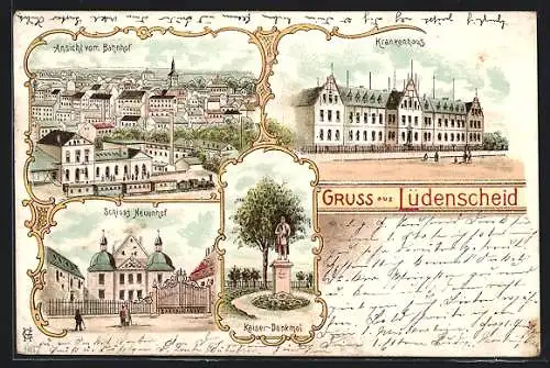 Lithographie Lüdenscheid, Ansicht vom Bahnhof, Krankenhaus und Schloss Neuenhof