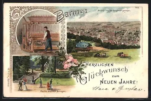 Lithographie Barmen, Panorama von der Bergbahn gesehen, Barmer Weber & Parkanlagen