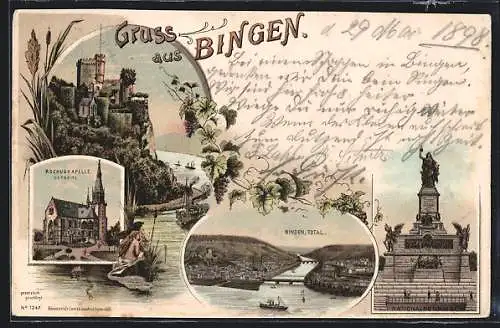 Lithographie Bingen / Rhein, Totalansicht, Nationaldenkmal, Rochuskapelle