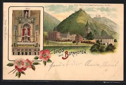 Lithographie Bornhofen, Hotel Marienberg, Wallfahrtskirche und Kloster, Blick auf den Altar