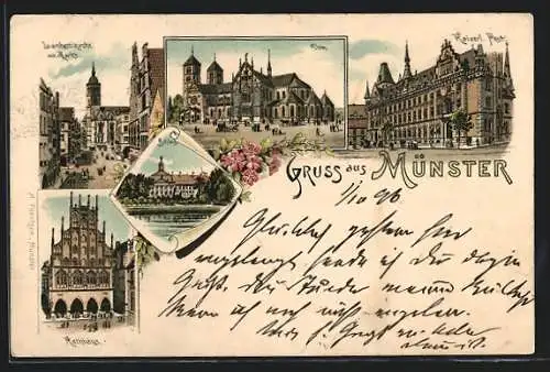 Lithographie Münster / Westfalen, Ansicht Rathaus, Dom, Schloss und Kaiserl. Post