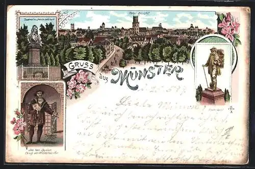 Lithographie Münster / Westfal, Denkmal Annette von Droste-Hülshoff, Jan van Leyden König der Wiedertäufer, Totalansicht