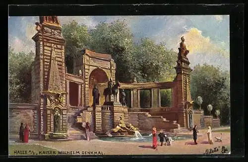 AK Halle a. S., Kaiser Wilhelm Denkmal mit Besuchern