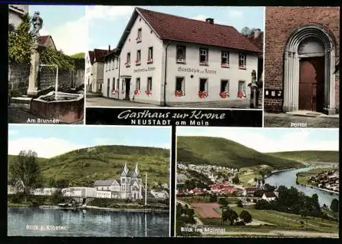 AK Neustadt am Main, Gasthaus zur Krone, Blick zum Kloster, Portal und Brunnen