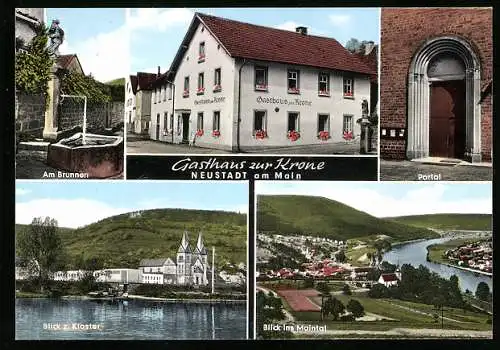 AK Neustadt am Main, Gasthaus zur Krone, Blick z. Kloster, Portal, Brunnen