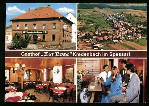 AK Kredenbach im Spessart, Gasthof Zur Rose, Menschen mit Getränken, Strassenpartie mit Werbeschild, Ortsansicht