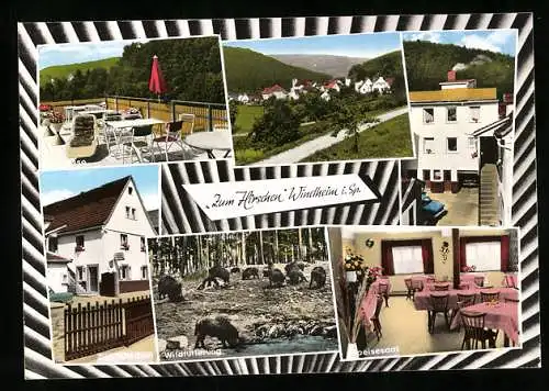 AK Windheim i. Spessart, Gasthaus Zum Hirschen, Innenansicht Speisesaal, Terrasse