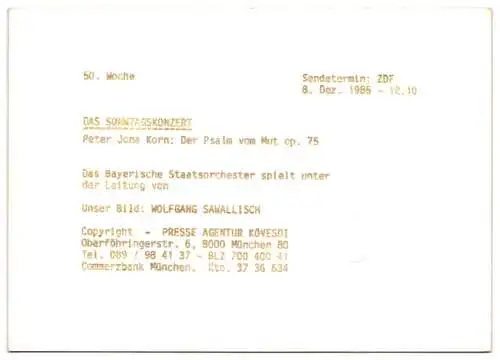 Fotografie Kövesdi, Ort unbekannt, Wolfgang Sawallisch mit dem Bayerischen Staatsorchester spielt Sonntagskonzert