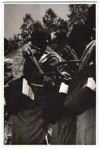 Fotografie unbekannter Fotograf und Ort, afrikanische Volkstypen spielen Musik auf Kora