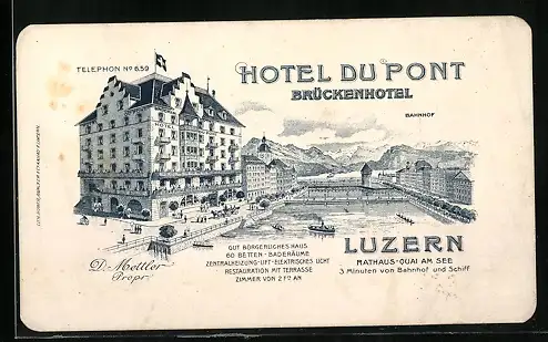 Vertreterkarte Hotel du Pont, Luzern, Rathaus-Quai am See, Blick in die Stadt mit dem Hotel