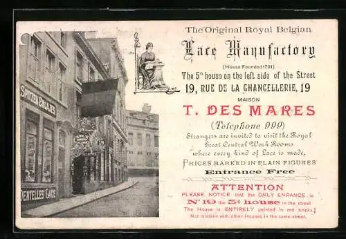Vertreterkarte the Original Royal Belgian Lace Manufactory, Bruxelles, 19 rue de la Chancellerie