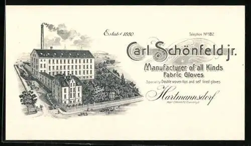 Vertreterkarte / Werbebillet Carl Schönfeld Jr., Hartmannsdorf, Manufacturer of all Kinds Fabric Gloves
