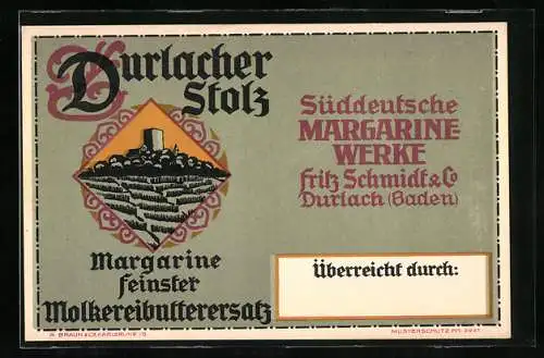 Vertreterkarte Durlacher Stolz, Süddeutsche Margarine Werke Fritz Schmidt & Co., Durlach