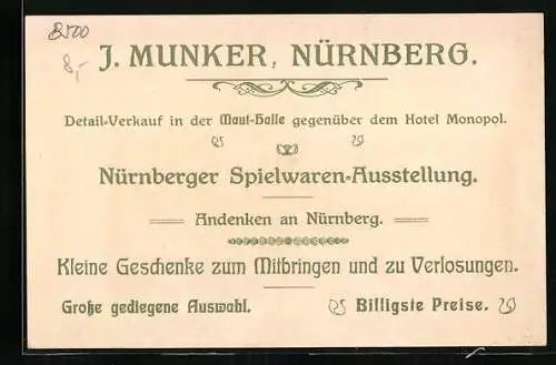 Vertreterkarte J. Munker, Nürnberg, Nürnberger Spielwaren-Ausstellung, Rückseite blick auf das Geschäftshaus