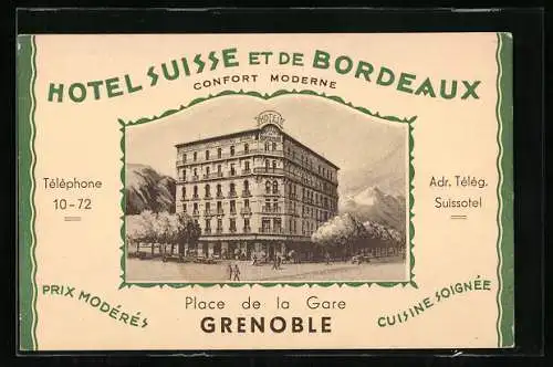 Vertreterkarte Hotel Suisse et de Bordeaux, Grenoble, Place de la Gare