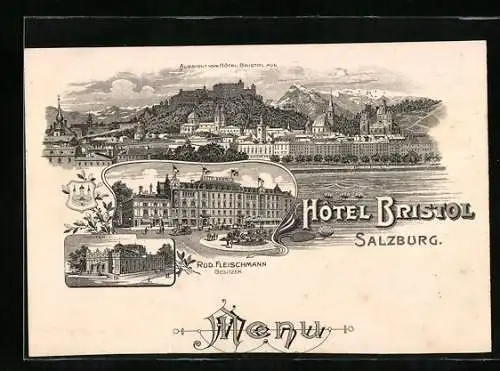 Vertreterkarte Hotel Bristol Salzburg, Inh. Rud. Fleischmann, Blick zum Hotel, Theater, Aussicht vom Hotel