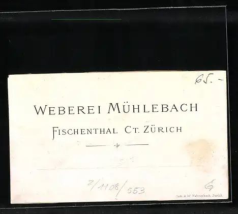 Vertreterkarte Weberei Mühlebach, Fischenthal Kanton Zürich