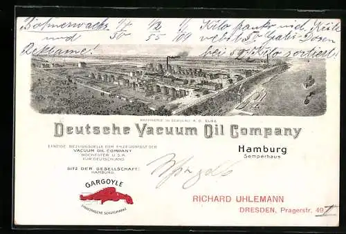 Vertreterkarte Deutsche Vacuum Oil Company Hamburg, Semperhaus, Blick auf Raffinerie in Schulau a. d. Elbe