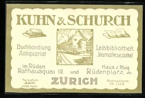 Vertreterkarte Kuhn & Schürch, Zürich, Buchhandlung & Antiquariat, im Rüden Rathausquai 12