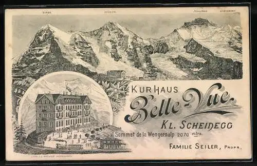 Vertreterkarte Kurhaus Belle-Vue, Klein Scheidegg, Inh. Familie Seiler, Blick zum Hotel und Alpen