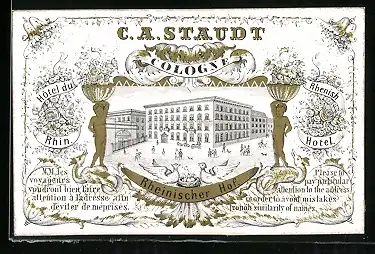 Vertreterkarte Hotel Rheinischer Hof, Cologne, C. A. Staudt, Hotel du Rhin