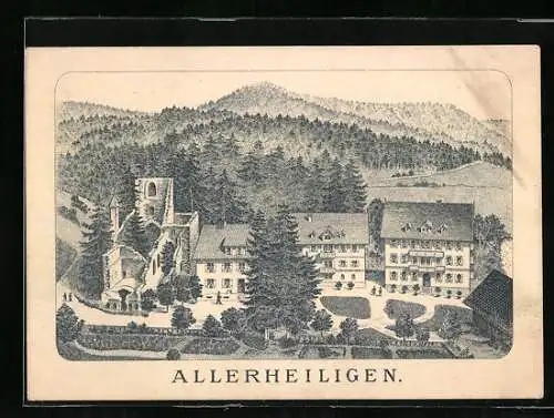 Vertreterkarte Allerheiligen, Inh. W. Mittenmaier, Blick auf das Hotel mit Ruine