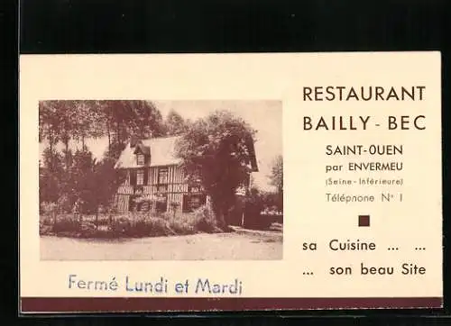 Vertreterkarte Restaurant Baully-Bec, Saint-Ouen, Blick auf das Hotel, Rückseite mit Anfahrtskizze
