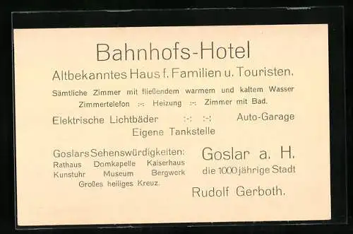 Vertreterkarte Bahnhofs-Hotel, Goslar i. H., Inh. Rudolf Gerboth, Blick vom Bahnhof nach dem Hotel