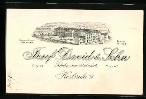 Vertreterkarte Karlsruhe i. B., Josef David & Sohn Schuhwaren-Fabrikte, Blick auf das Werk