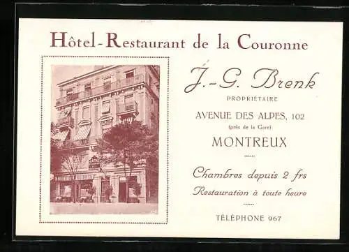Vertreterkarte / Werbebillet Montreux, Hotel Restaurant de la Couronne, Inh. J.-G. Brenk, Avenue des Alpes 102