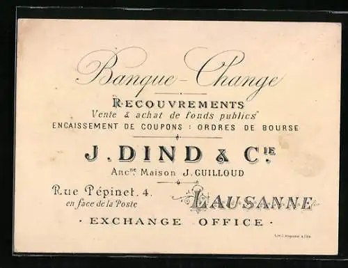 Vertreterkarte Lausanne, Banque-Change, J. Dind & Cie., Rue Pepinet 4