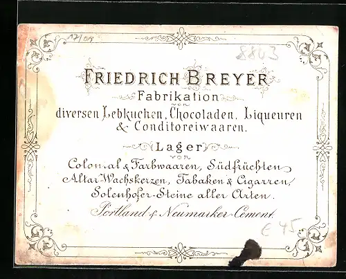 Vertreterkarte Friedrich Breyer, Rothenburg o. T., Fabrikation Lebkuchen, Chocolade, Liqueure & Conditorwaren